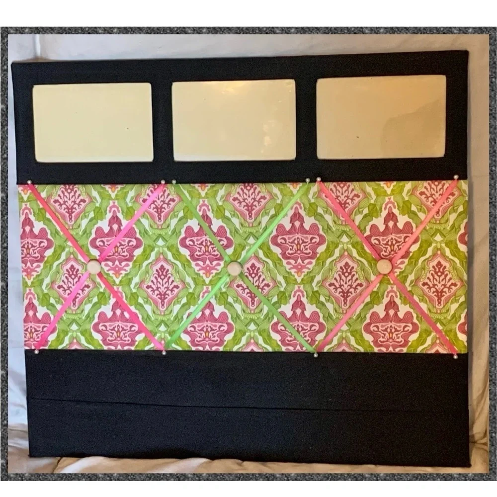 Pink and Green Damask Fabric Memory/Memo Photo Bulletin Board, [18”x20”] Custom